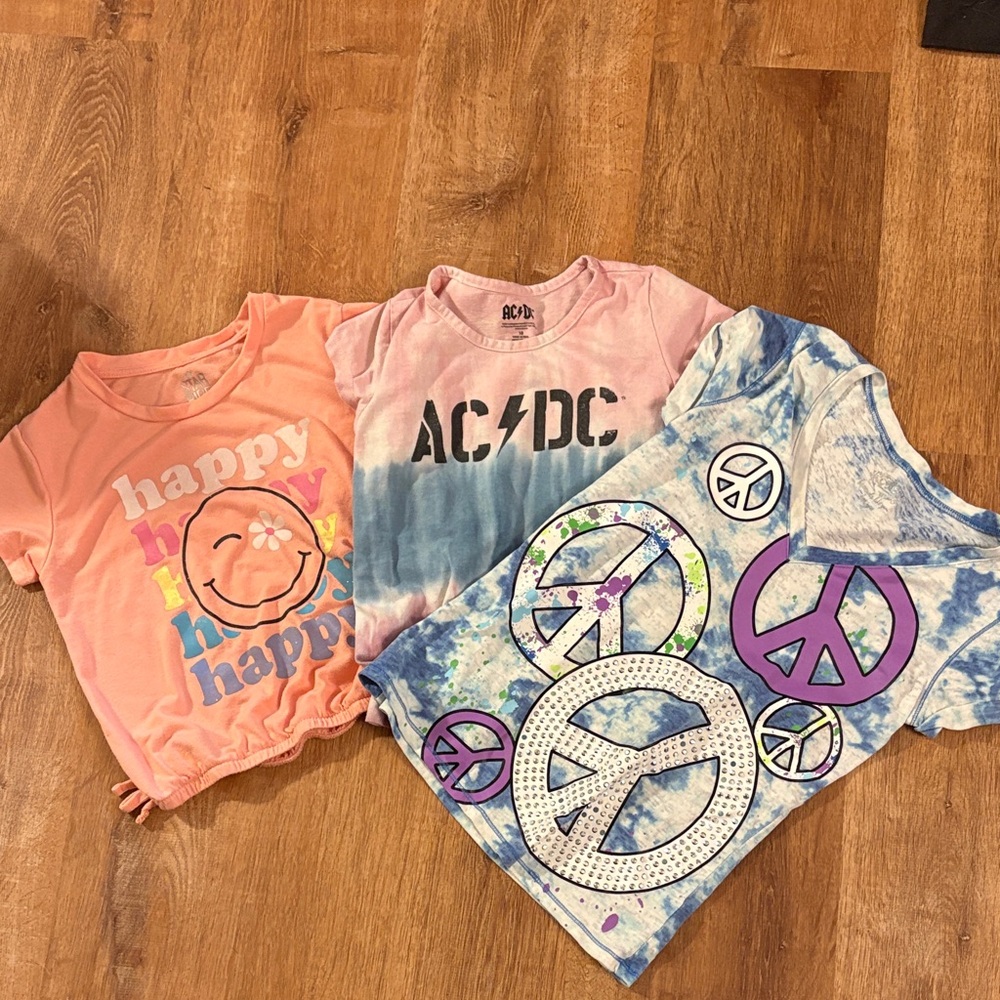 AC/DC Happy Peace Sign Girls' Pink Tie-Dye Graphic Tee Lot 10/12